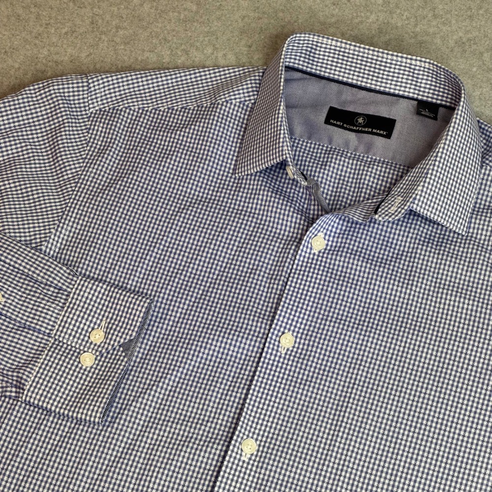 Hart Schaffner Marx Mens Large Blue White Gingham Check Cotton Dress Shirt L/S